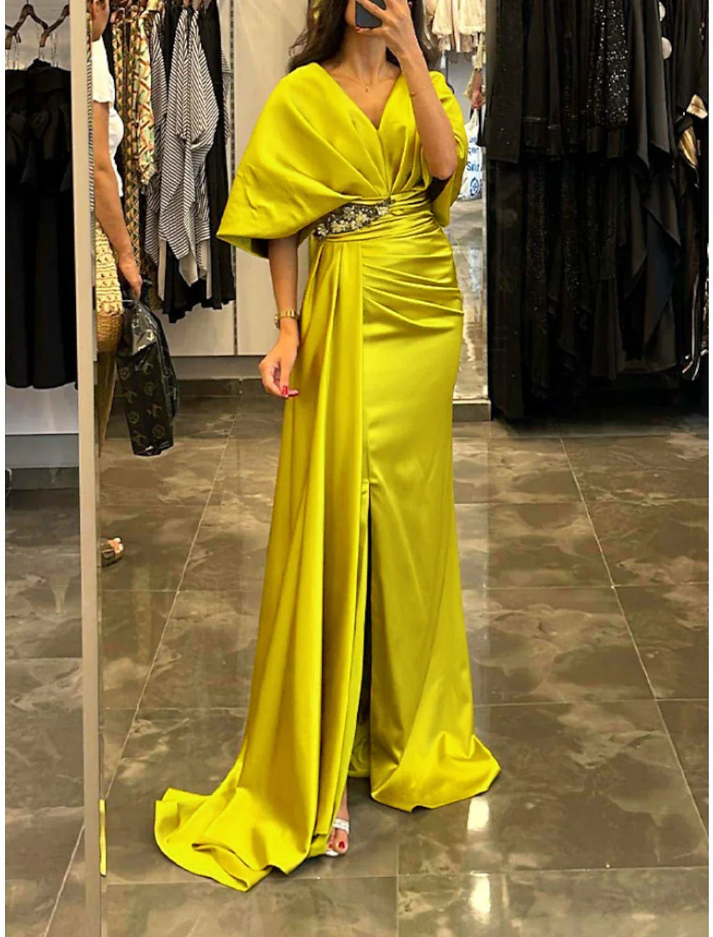 Sheath / Column Evening Gown Elegant Dress Formal Christmas Sweep / Brush Train Half Sleeve V Neck Satin with Pleats Ruched Crystals