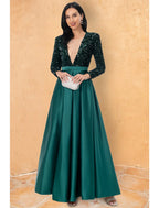 Ball Gown Cocktail Dresses Sparkle & Shine Dress Wedding Party Floor Length Long Sleeve V Neck Sequined with Sequin