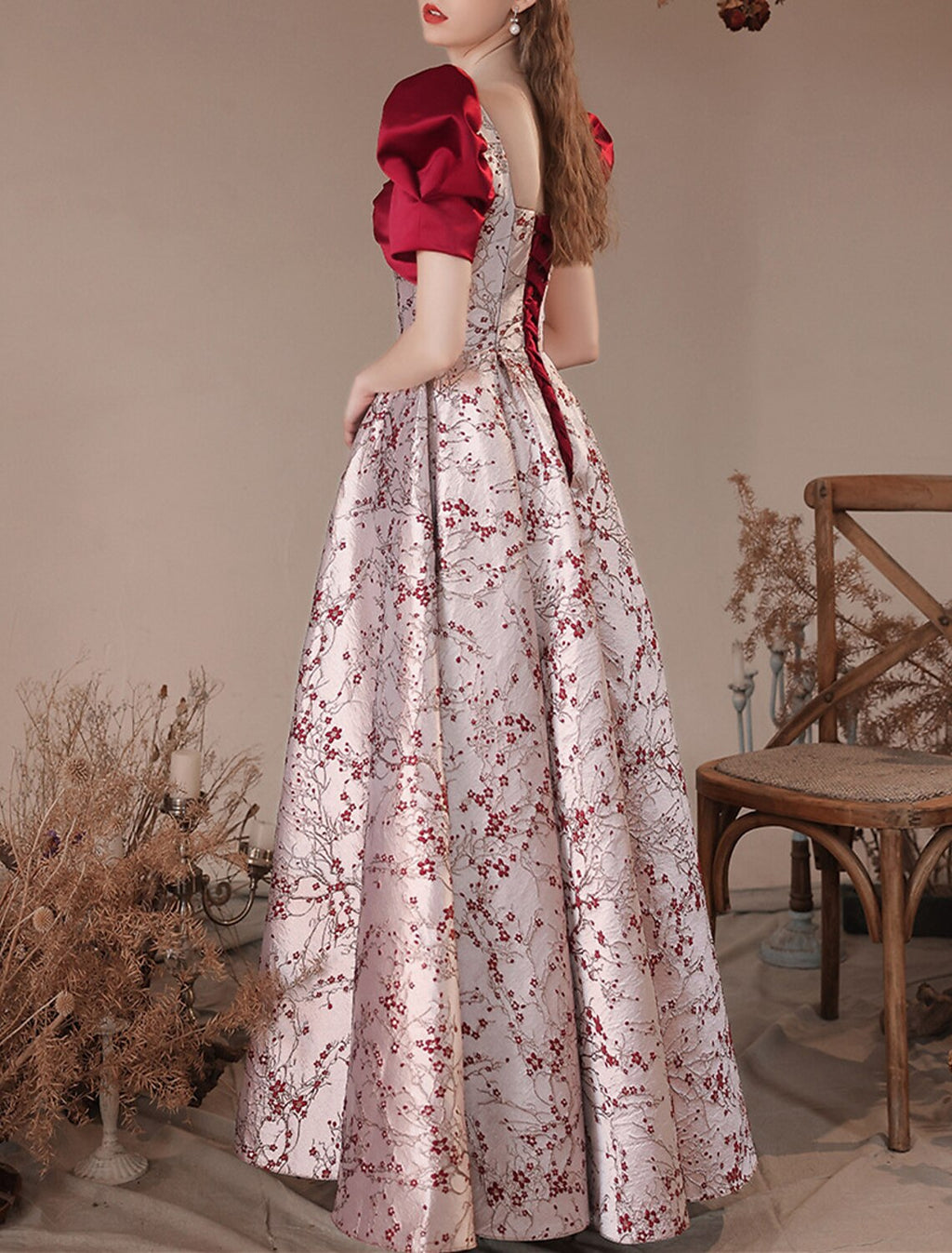 A-Line Party Dresses Floral Dress Masquerade Prom Floor Length Short Sleeve Square Neck Satin with Embroidery