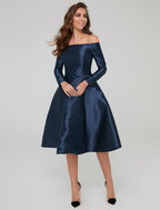A-Line Special Occasion Dresses Party Dress Wedding Guest Knee Length Long Sleeve Off Shoulder Satin with Pleats