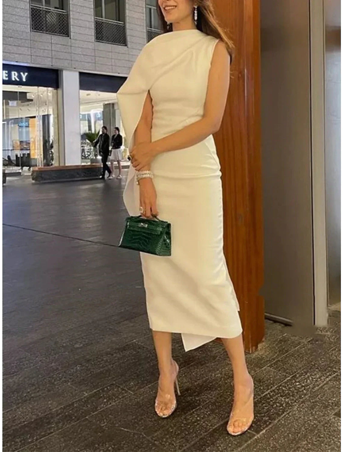 Sheath / Column Evening Gown Elegant Dress Formal Tea Length Christmas Red Green Dress Sleeveless Cowl Neck Stretch Fabric with Ruched