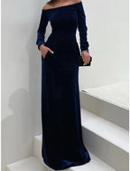 Sheath / Column Wedding Guest Dresses Maxi Dress Formal Black Tie Gala Floor Length Long Sleeve Off Shoulder Velvet with Pure Color