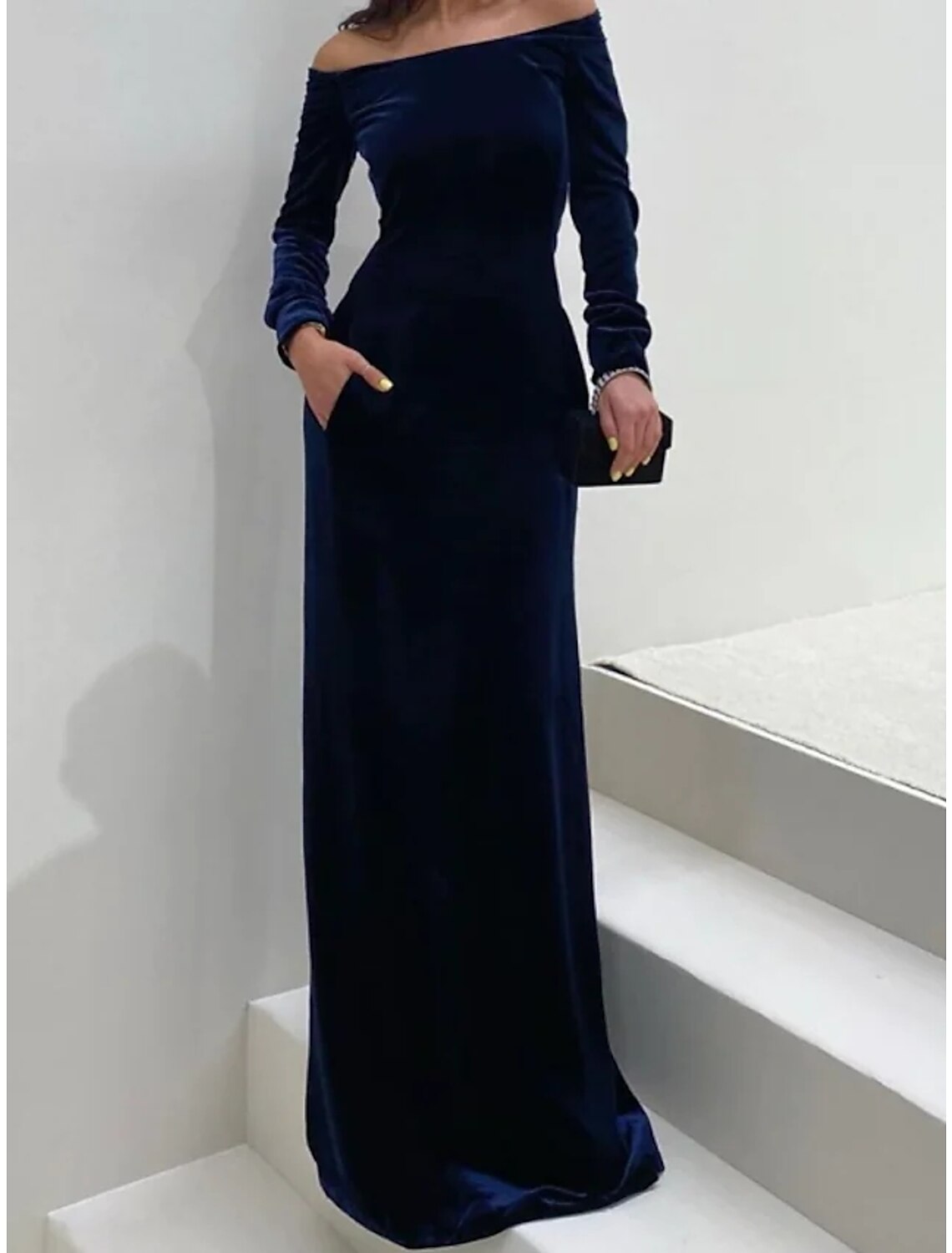 Sheath / Column Wedding Guest Dresses Maxi Dress Formal Black Tie Gala Floor Length Long Sleeve Off Shoulder Velvet with Pure Color