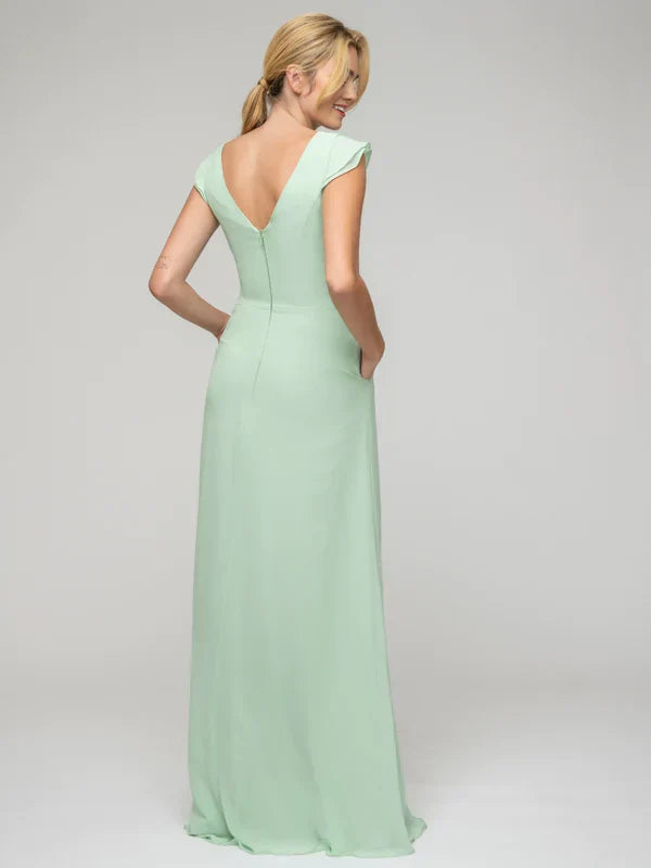Bridesmaid Dresses V Neck Chiffon Cap Sleeves Long For Gorgeous Elegant Flattering Look For Bridesmaids