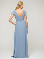 Ruffle Sleeve V Neck Slit Bridesmaid Dresses For Wedding Ceremony Elegant Flattering Fit