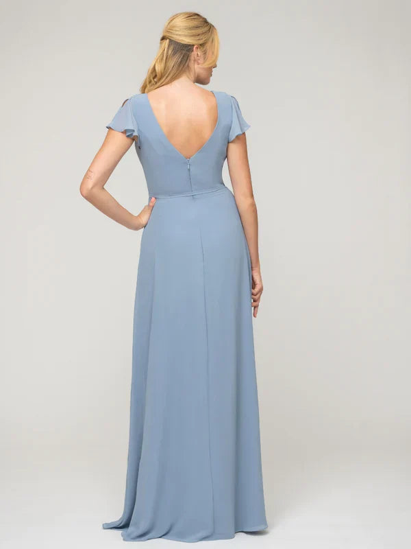 Ruffle Sleeve V Neck Slit Bridesmaid Dresses For Wedding Ceremony Elegant Flattering Fit