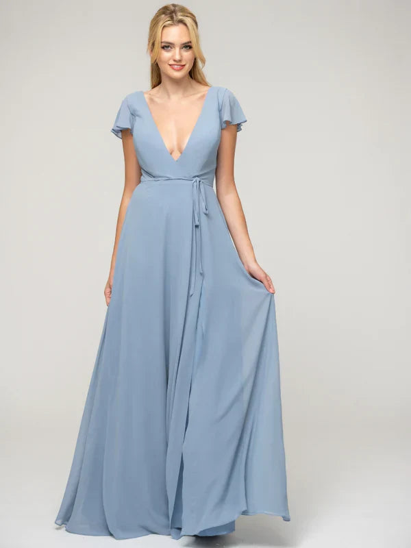 Ruffle Sleeve V Neck Slit Bridesmaid Dresses For Wedding Ceremony Elegant Flattering Fit