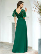A-Line Prom Dresses Evening Party Floor Length Short Sleeve  Chiffon V Back with Sequin