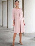 Two Piece Sheath / Column Mother of the Bride Dress Wedding Guest Church Elegant Jewel Neck Knee Length  Fabric Short Sleeve Jacket Dresses with Beading Fall