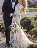 Beach Wedding Dresses Color Boho Mermaid Gown With Lace Appliques Long Sleeve Scoop Neck For Beach Brides