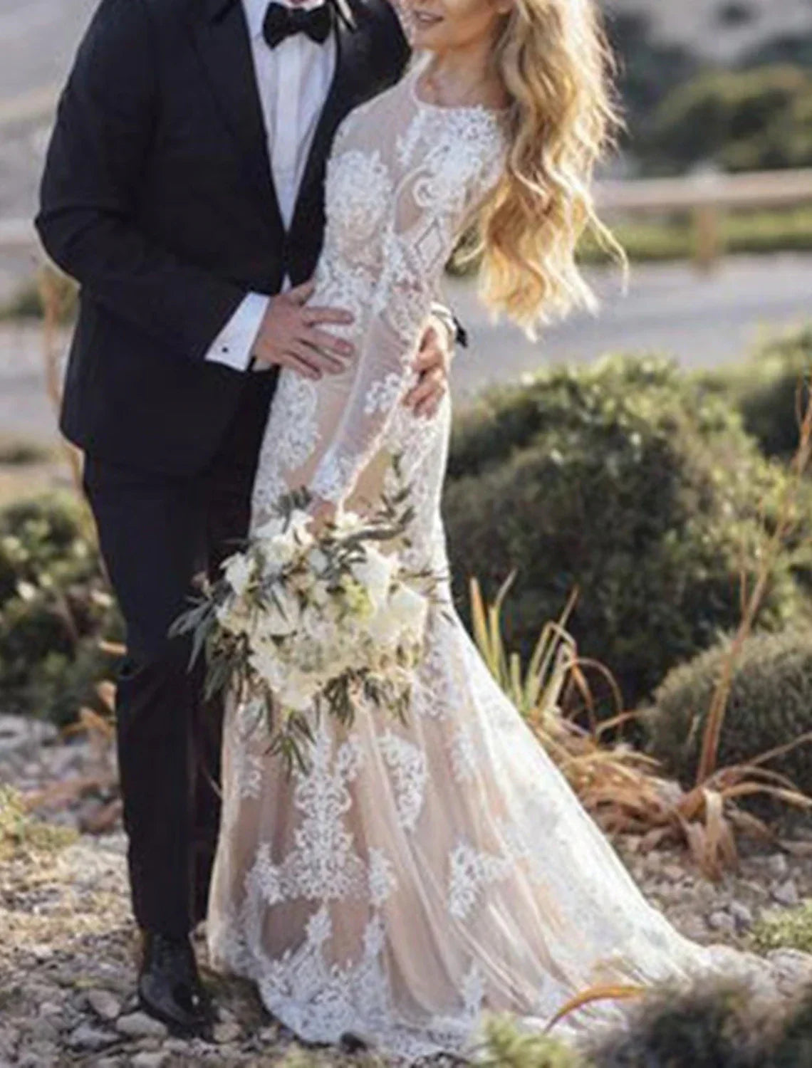 Beach Wedding Dresses Color Boho Mermaid Gown With Lace Appliques Long Sleeve Scoop Neck For Beach Brides