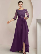 A-Line Mother of the Bride Dress Formal Wedding Guest Elegant High Low Scoop Neck Asymmetrical Floor Length Chiffon Lace 3/4 Length Sleeve with Beading Sequin Appliques