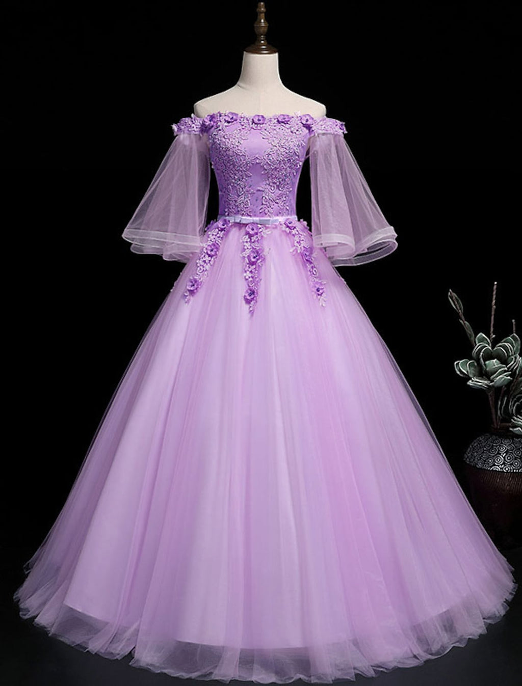 Luxurious Floral Quinceanera Prom Birthday Dress Off Shoulder Length Sleeve Floor Length Tulle Embroidery