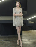 Sheath / Column Sparkle Elegant Homecoming Cocktail Party Dress V Neck Long Sleeve Short / Mini Sequined with Sequin