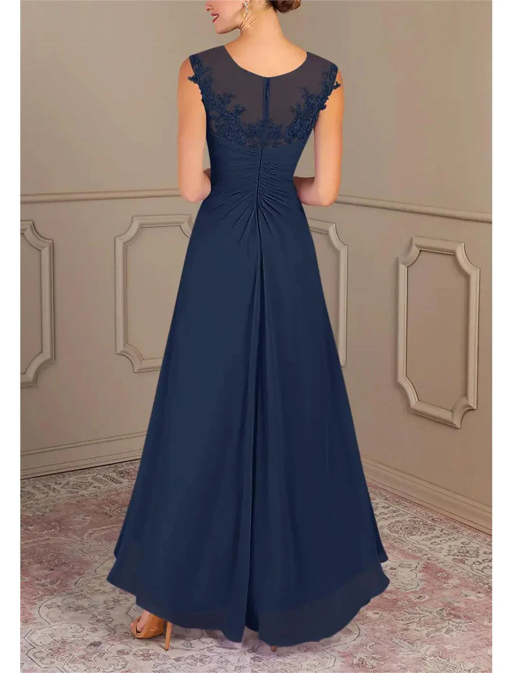 A-Line Mother of the Bride Dress Formal Wedding Guest Elegant Jewel Neck Asymmetrical Chiffon Sleeveless with Lace Sequin Ruching