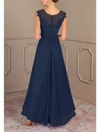 A-Line Mother of the Bride Dress Formal Wedding Guest Elegant Jewel Neck Asymmetrical Chiffon Sleeveless with Lace Sequin Ruching