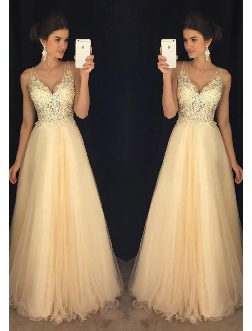 A-Line Prom Dresses Dress Formal Floor Length Sleeveless V Neck Tulle V Back Beading Appliques