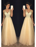 A-Line Prom Dresses Dress Formal Floor Length Sleeveless V Neck Tulle V Back Beading Appliques