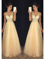 A-Line Prom Dresses Dress Formal Floor Length Sleeveless V Neck Tulle V Back Beading Appliques