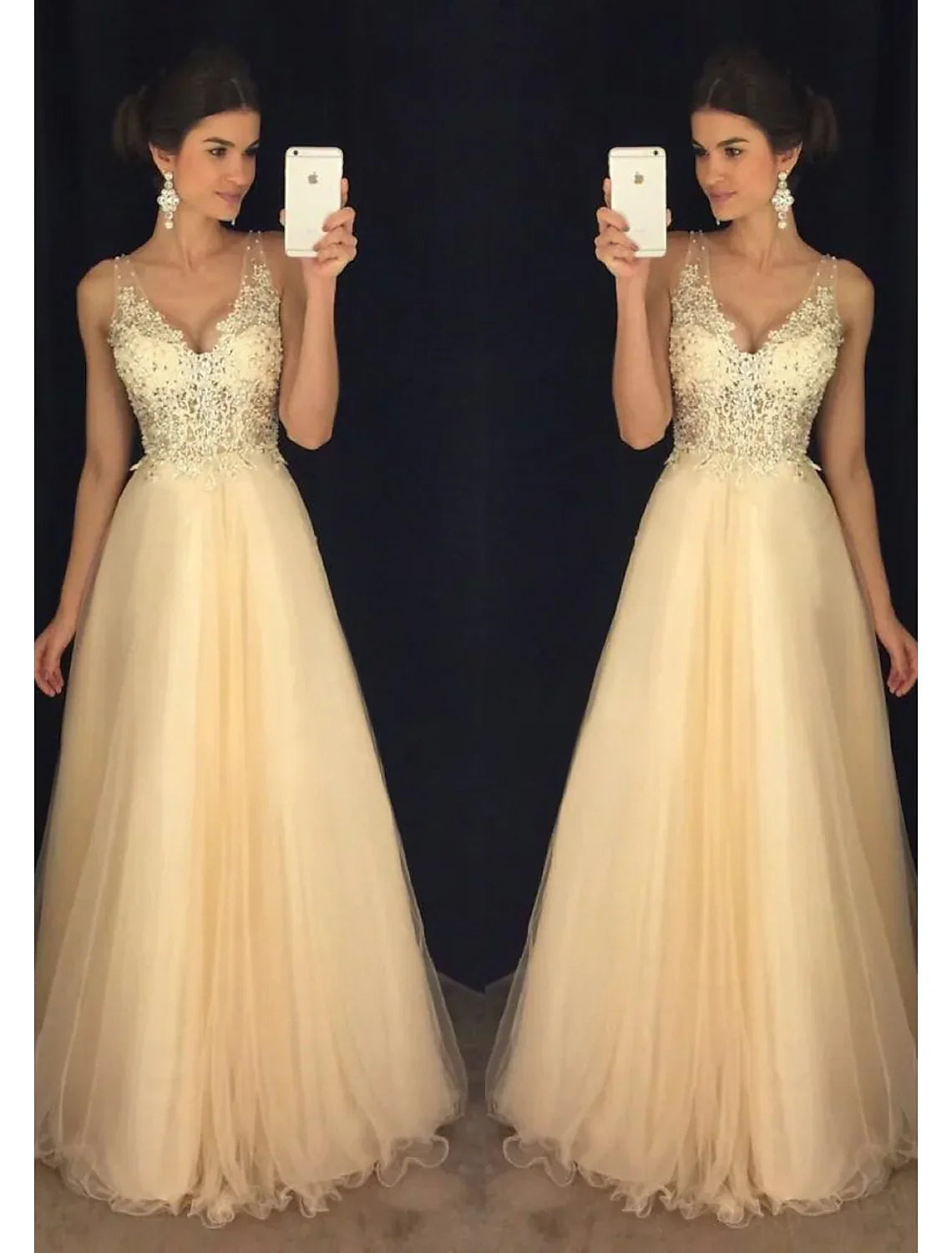 A-Line Prom Dresses Dress Formal Floor Length Sleeveless V Neck Tulle V Back Beading Appliques