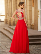 A-Line Evening Gown Sparkle & Shine Dress Wedding Guest Party Wear Floor Length Sleeveless Halter Neck Chiffon with Rhinestone