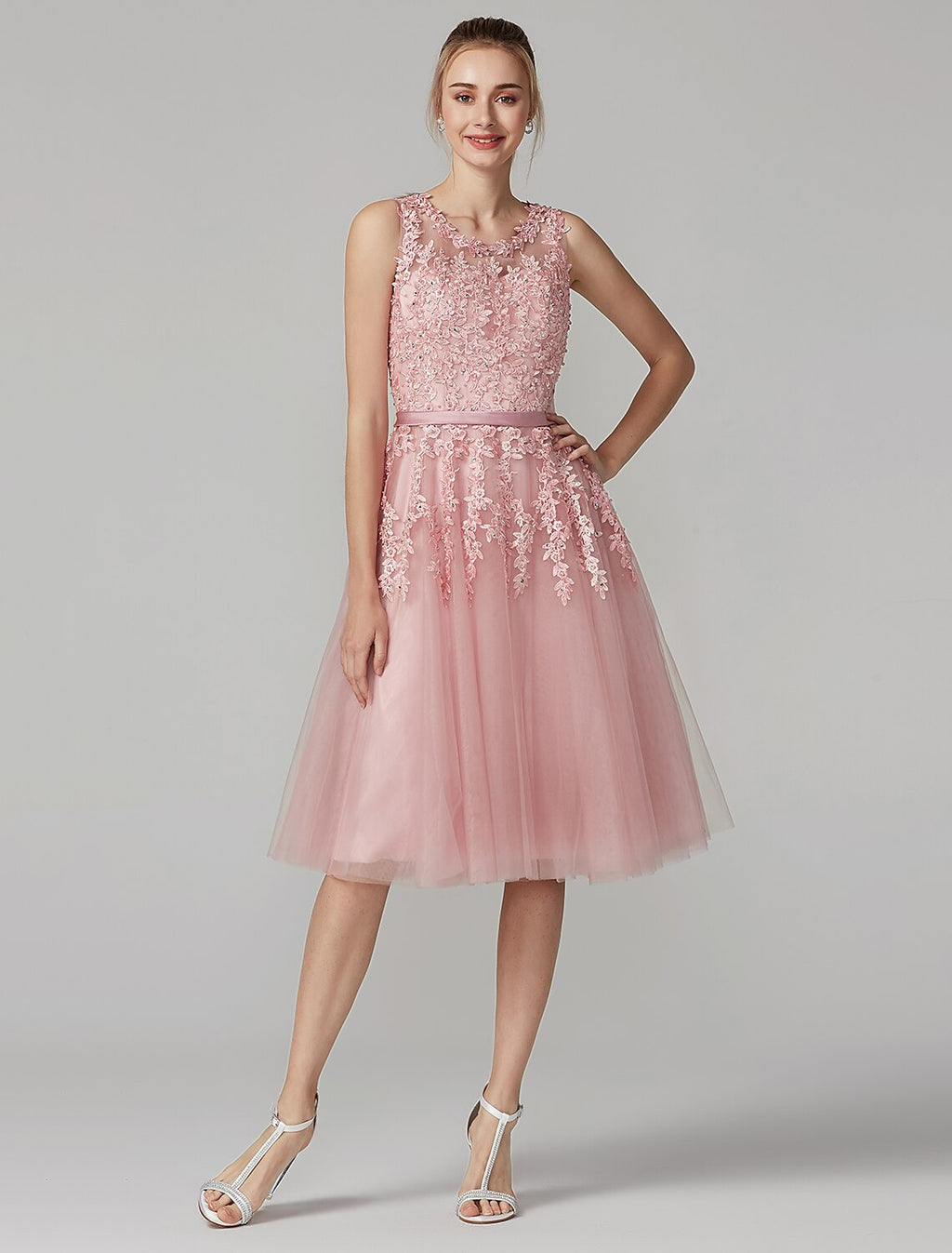 A-Line Cute Dress Cocktail Party Knee Length Sleeveless Illusion Neck Tulle Over Lace with Beading Appliques