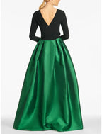A-Line Evening Gown High Split wedding guest Dress Formal Fall Floor Length Long Sleeve color contrast Jewel Neck Satin with Crystals
