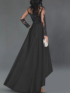 A-Line Cocktail Dresses Elegant Dress Party Wear Wedding Party Asymmetrical Long Sleeve Jewel Neck Satin with Crystals Appliques