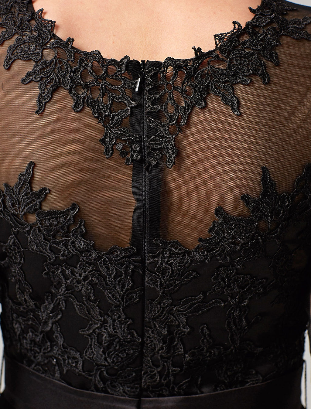 A-Line Elegant Dress Wedding Guest Knee Length 3/4 Length Sleeve Illusion Neck Tulle Over Lace with Appliques