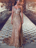 Evening Dresses Sexy Sparkle Shine Dress Prom Formal Evening Court Train One Shoulder Sleeveless Sequined with Slit