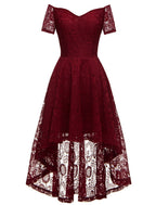 A-Line Cocktail Dresses Vintage Dress Graduation Party Wear Knee Length Short Sleeve Off Shoulder Lace with Pleats