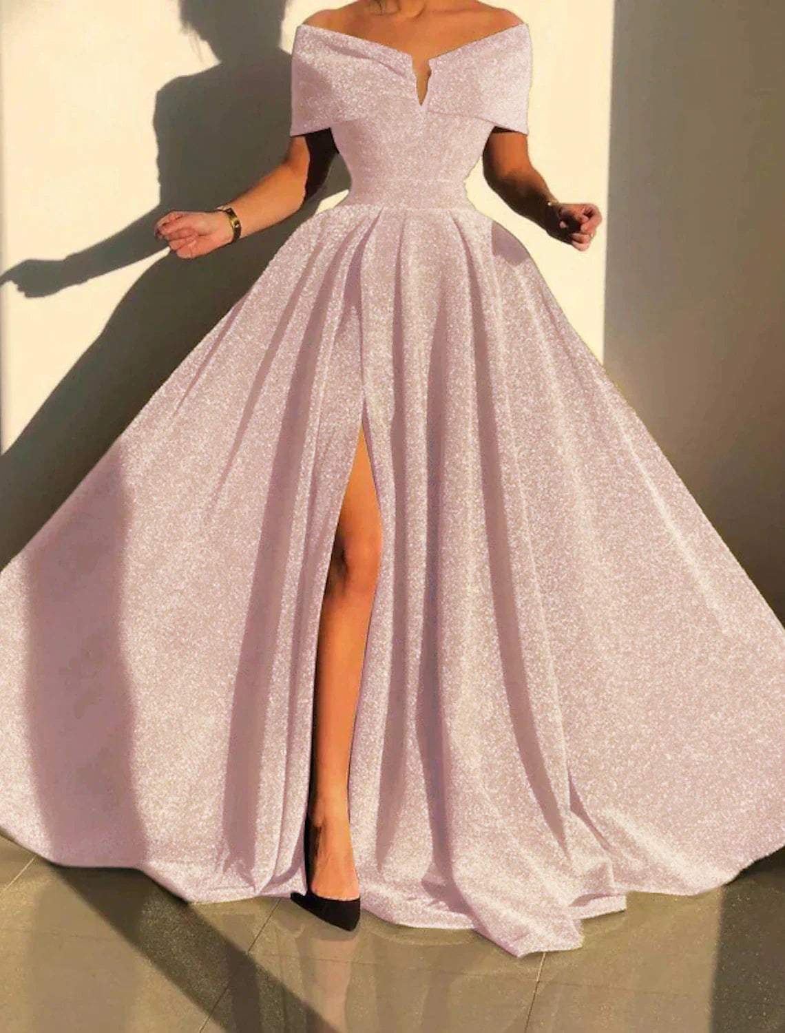 A-Line Sequin Evening Gown Prom Silver Green Sparkle & Shine Black Party Formal Dress Formal Fall Court Train Sleeveless Off Shoulder Slit
