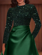 A-Line Evening Gown Elegant Dress Christmas Red Green Dress Wedding Guest Floor Length Long Sleeve Jewel Neck Pocket Satin with Sequin