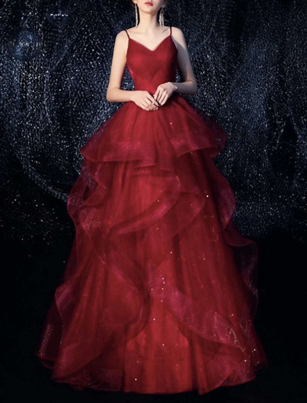 A-Line Sparkle Elegant Sparkle & Shine Engagement Formal Evening Dress Spaghetti Strap Sleeveless Floor Length Tulle with Tier