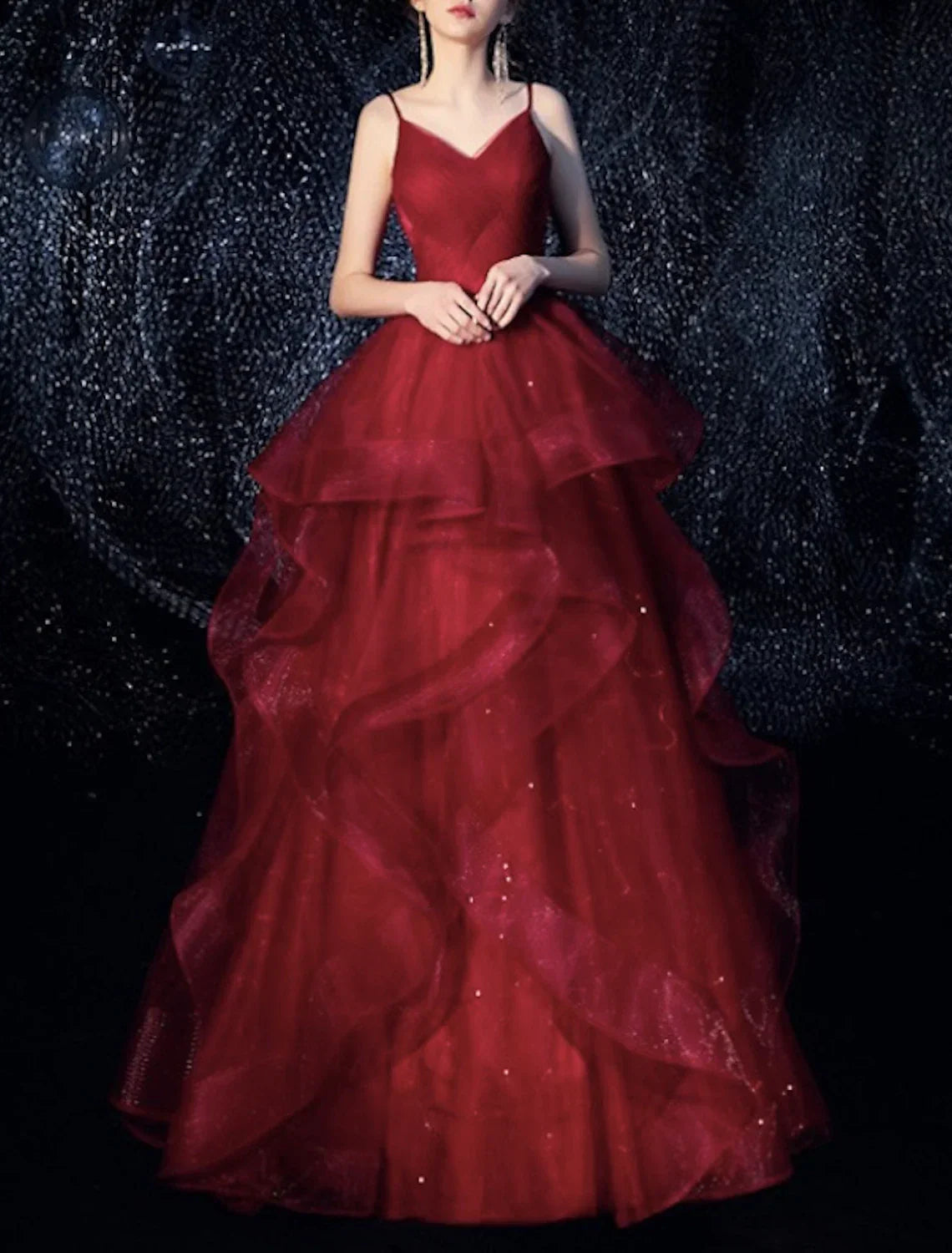 A-Line Sparkle Elegant Sparkle & Shine Engagement Formal Evening Dress Spaghetti Strap Sleeveless Floor Length Tulle with Tier