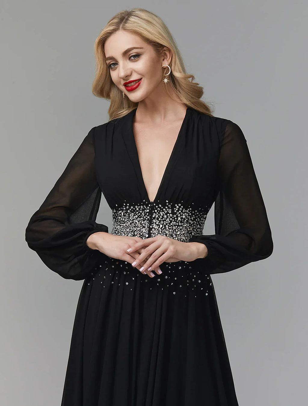A-Line Evening Dress Celebrity Red Carpet Formal Gown Party Dress Black Tie Wedding Guest Floor Length Long Sleeve V Neck Chiffon with Sequin
