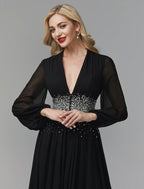 A-Line Evening Dress Celebrity Red Carpet Formal Gown Party Dress Black Tie Wedding Guest Floor Length Long Sleeve V Neck Chiffon with Sequin