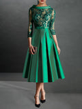 A-Line Cocktail Dresses Elegant Dress Formal Kentucky Derby Tea Length 3/4 Length Sleeve Jewel Neck Fall Wedding Guest Satin with Pleats Appliques