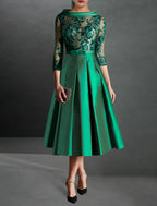 A-Line Cocktail Dresses Elegant Dress Formal Kentucky Derby Tea Length 3/4 Length Sleeve Jewel Neck Fall Wedding Guest Satin with Pleats Appliques