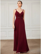 A-Line Prom Dresses Vintage Formal Floor Length Sleeveless V Neck Chiffon Crisscross Back with Sash Ribbon