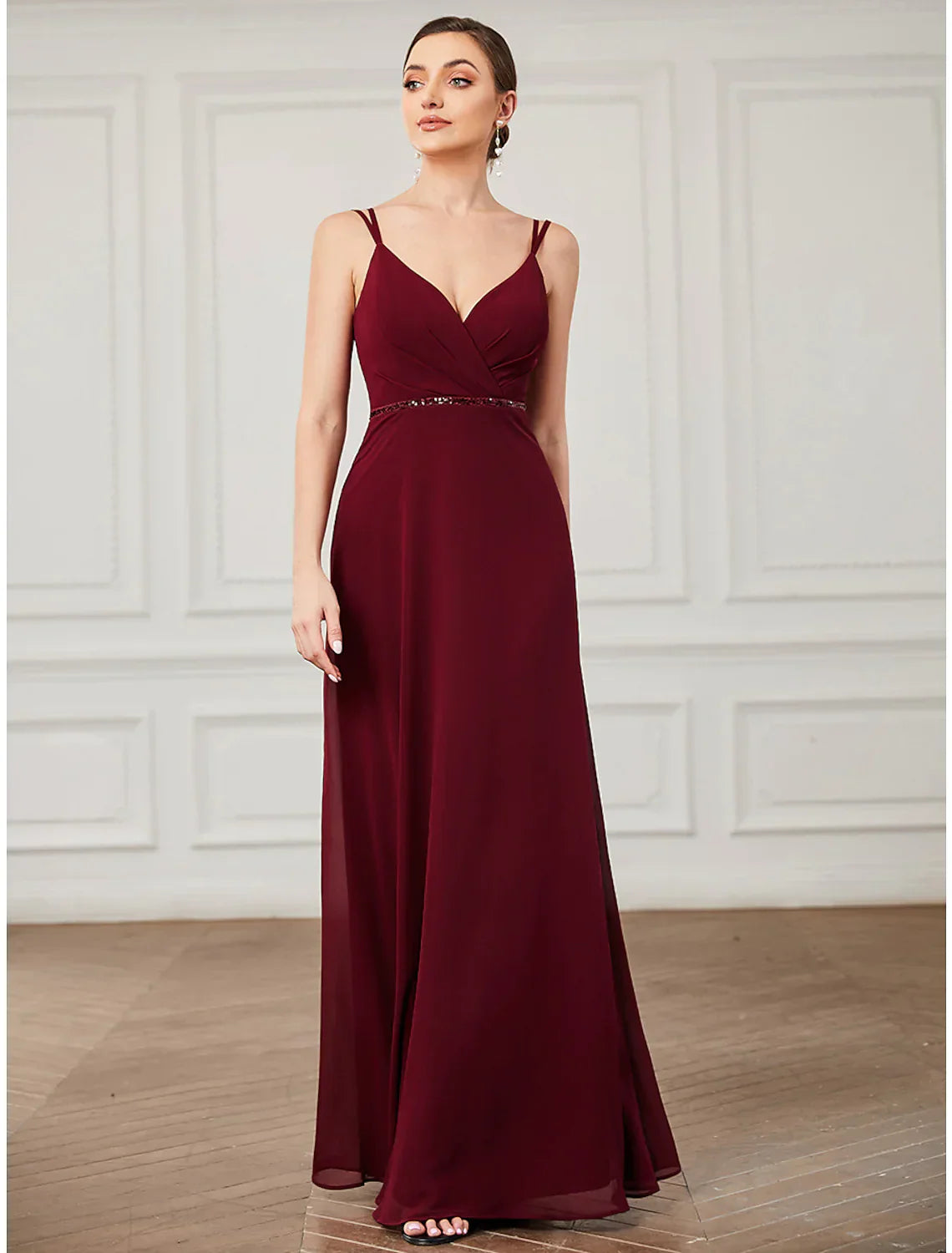 A-Line Prom Dresses Vintage Formal Floor Length Sleeveless V Neck Chiffon Crisscross Back with Sash Ribbon