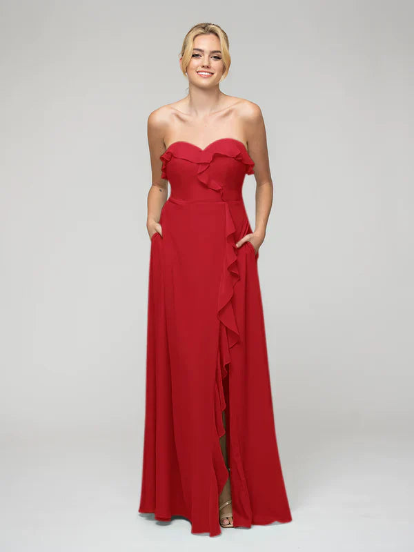 Chiffon A Line Strapless Bridesmaid Dress With Ruffles Elegant Gown For Wedding Party