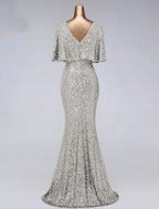 Mermaid / Trumpet Prom Dresses Sparkle Dress Wedding Guest Floor Length Half Sleeve Illusion Neck Sequined with Sequin Ruffles