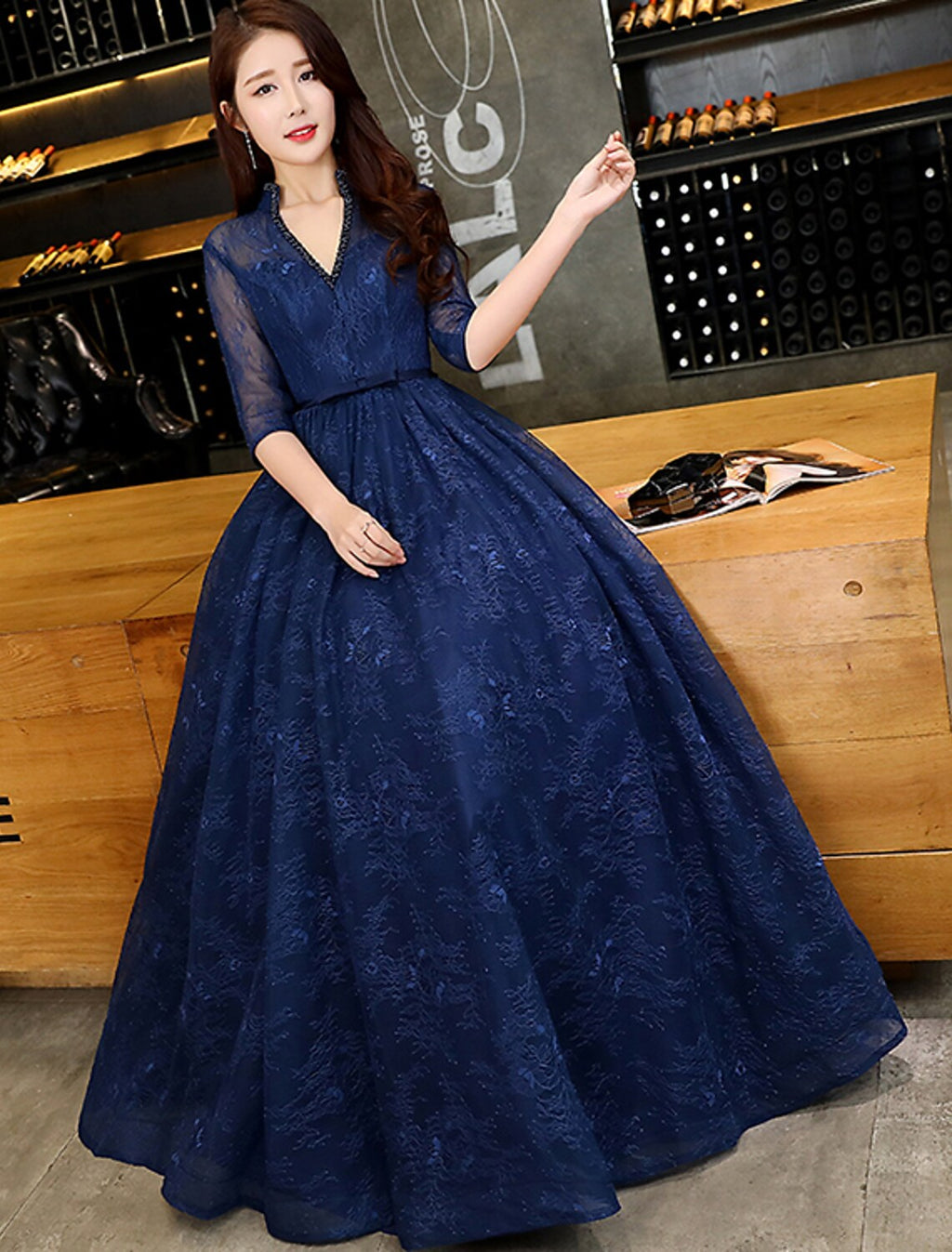 A-Line Evening Gown Beautiful Back Dress Wedding Guest Floor Length Half Sleeve V Neck Lace with Beading Prom Dresses