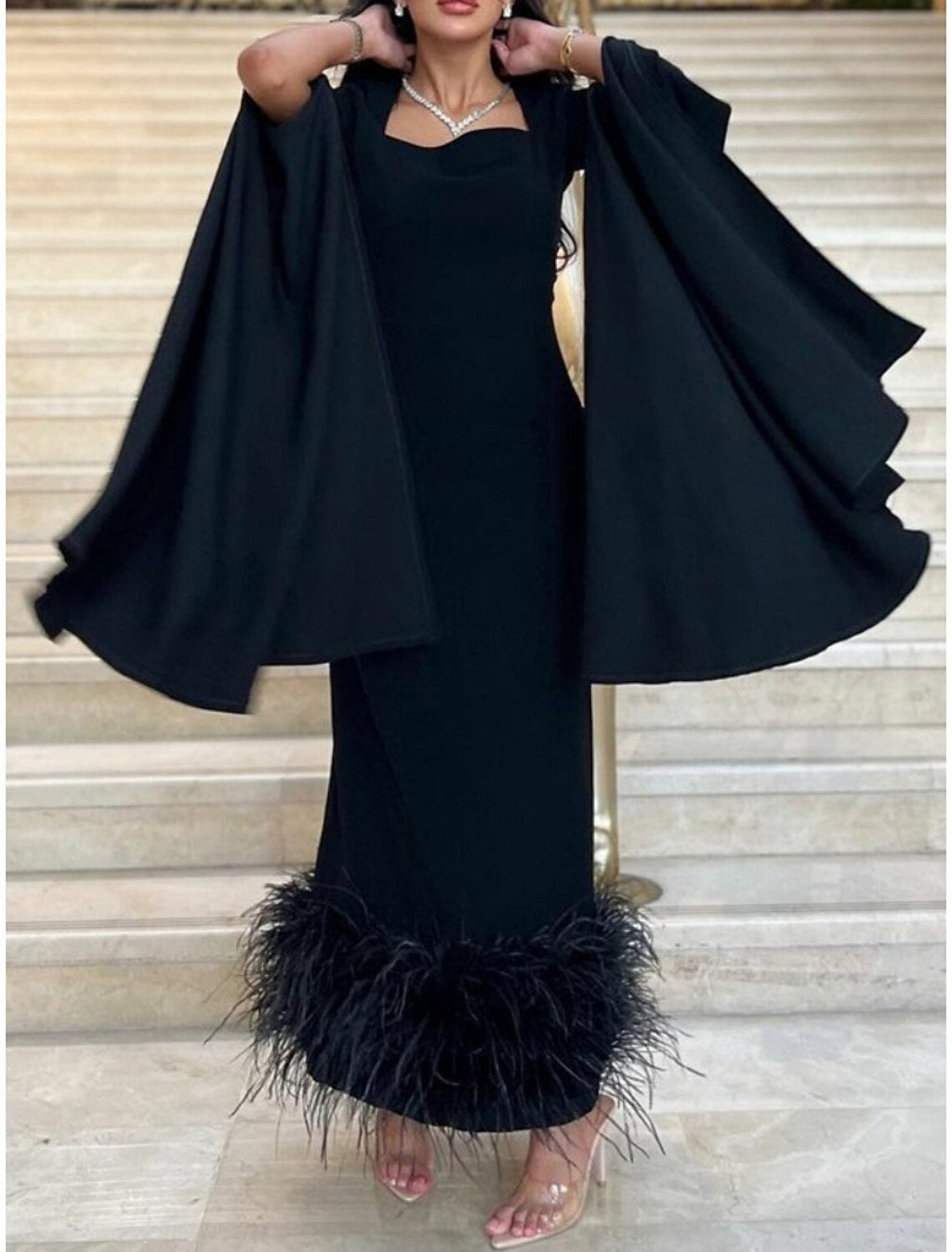 Sheath Black Dress Plus Size Evening Gown Elegant Dress Formal Ankle Length Long Sleeve Square Neck Stretch Fabric with Feather