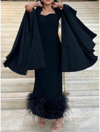 Sheath Black Dress Plus Size Evening Gown Elegant Dress Formal Ankle Length Long Sleeve Square Neck Stretch Fabric with Feather
