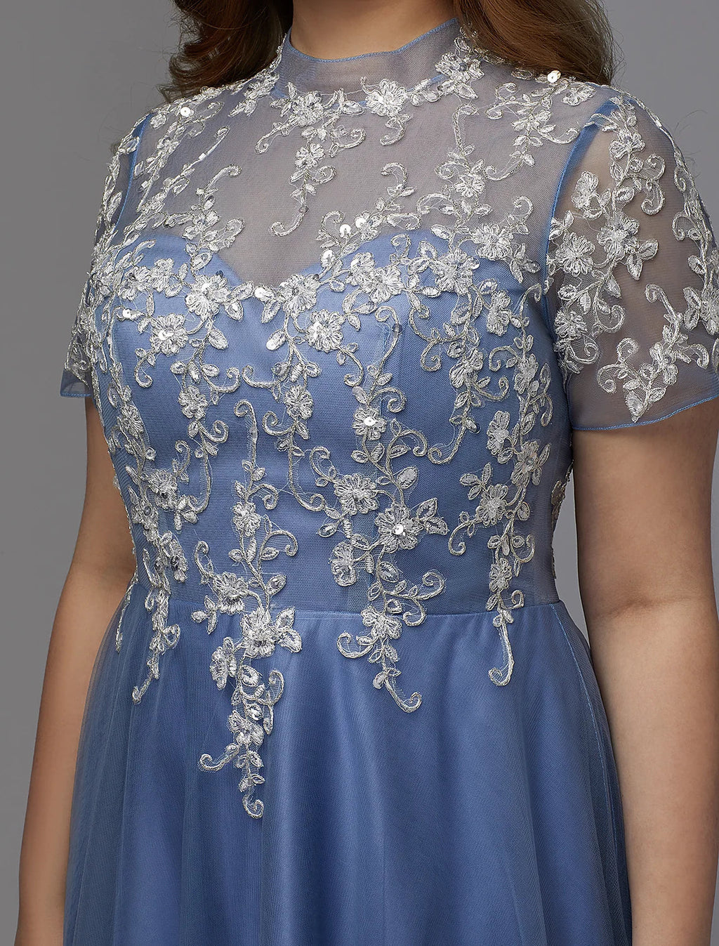A-Line Plus Size Dress Wedding Guest Floor Length Short Sleeve High Neck Lace Lace-up with Appliques