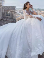 Engagement Open Back Sexy Formal Wedding Dresses Chapel Train Ball Gown Long Sleeve V Neck Lace With Appliques