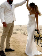 Open Back Casual Wedding Dresses Sleeveless Square Neck Strap Charmeuse Ruched