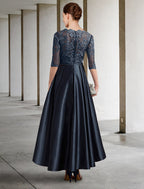 A-Line Mother of the Bride Dress Formal Wedding Guest Elegant Jewel Neck Asymmetrical Lace Italy Satin Half Sleeve with Lace Pleats